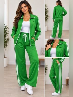 Green Women's Two-Piece Sport Tracksuit - Comfortable Wide-Leg Pants & Jacket S